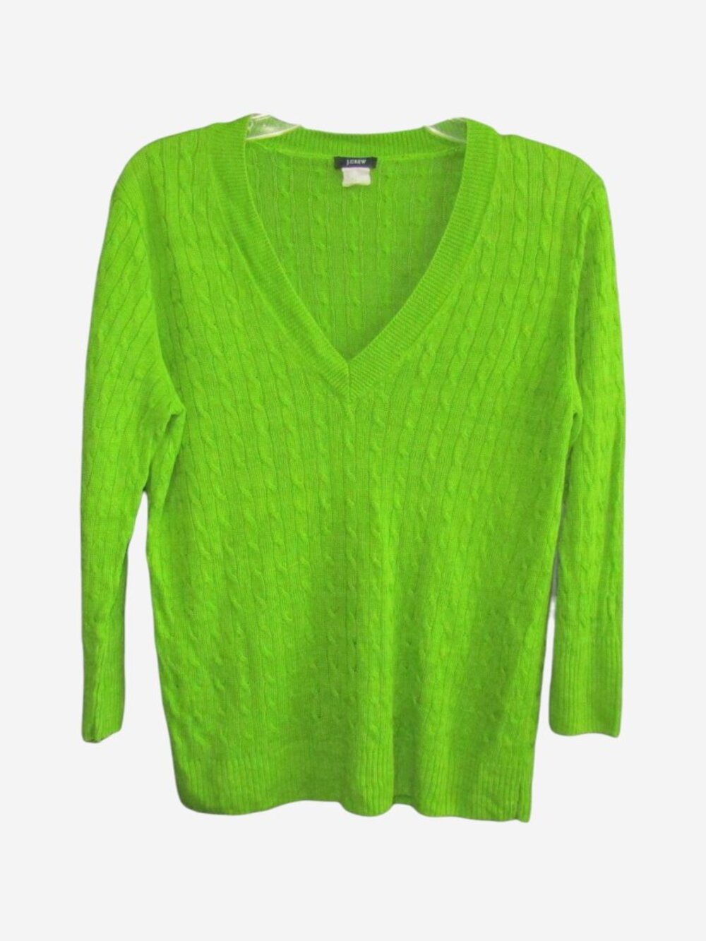 J Crew 100% Linen Cable Knit Apple Green Sweater Womens Size L Stretch V Neck